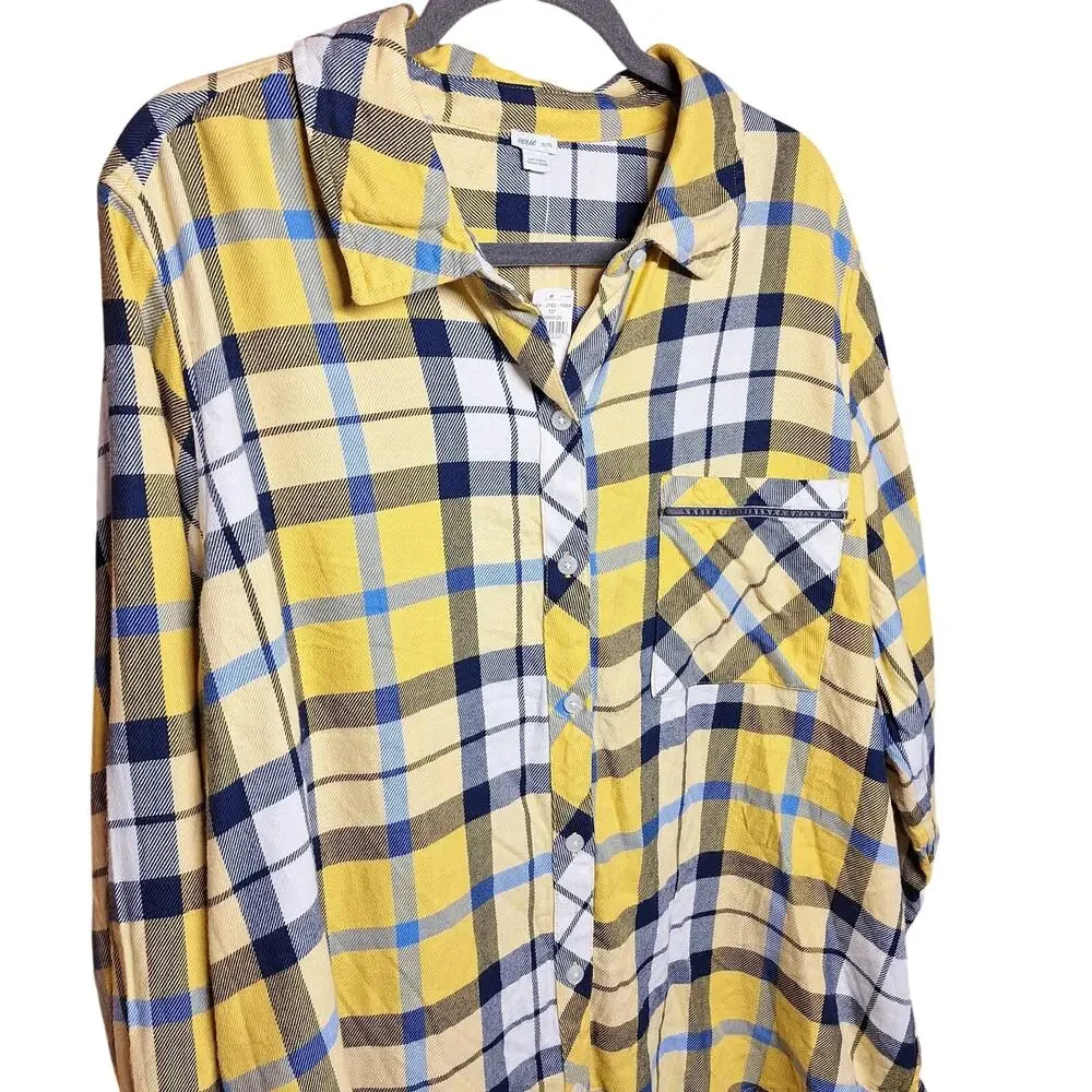 Aerie NEW Plaid women's pajama set yellow blue shorts long sleeve top XL sleep